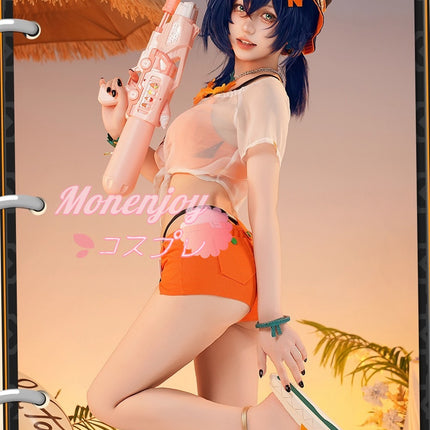 Monenjoy ZenZero Rin Summer Blue Sky ชุดคอสเพลย์พร้อมหมวกและต่างหู ชุดว่ายน้ำ และชุดแต่งกาย สินค้าอนิเมะสุดเก๋ 