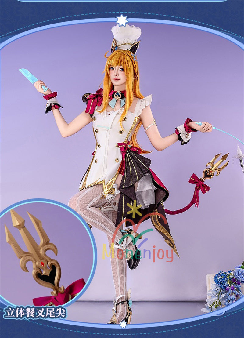 Monenjoy 原神 エスコフィエ　ワンピース　 Escoffier  コスプレ衣装 氷神の目　料理人　3d樹脂尻尾　げんしん　フォンテーヌ