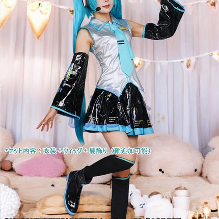 Monenjoy 初音ミク コスプレ衣装 グレー miku 公式コスチューム  ウィッグ付き 髪飾り ヘッドホン 合皮 レザー タトゥーシール 大人 歌姫 舞台服 コスチュームセット 可愛い おしゃれ
