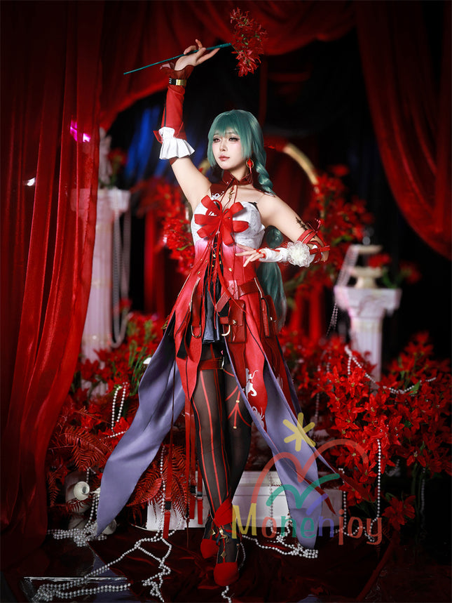 Monenjoy 鳴潮 フローヴァ コスプレ衣装 イベント 赤色 ワンピース  3d樹脂製パーツ ジャカード生地 ウィッグ サンダル追加 コスチュームGS1927