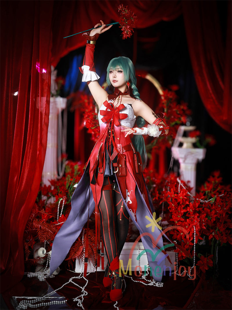 Monenjoy　鳴潮 フローヴァ コスプレ衣装　イベント　赤色　ワンピース 　3d樹脂製パーツ　ジャカード生地　ウィッグ　サンダル追加　コスチュームGS1927