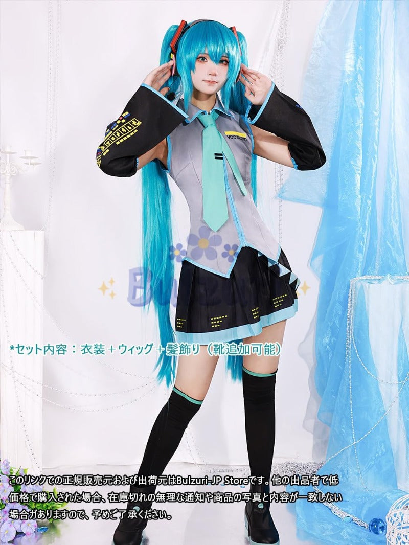Monenjoy 初音ミク コスプレ衣装 グレー miku 公式コスチューム  ウィッグ付き 髪飾り ヘッドホン 合皮 レザー タトゥーシール 大人 歌姫 舞台服 コスチュームセット 可愛い おしゃれ