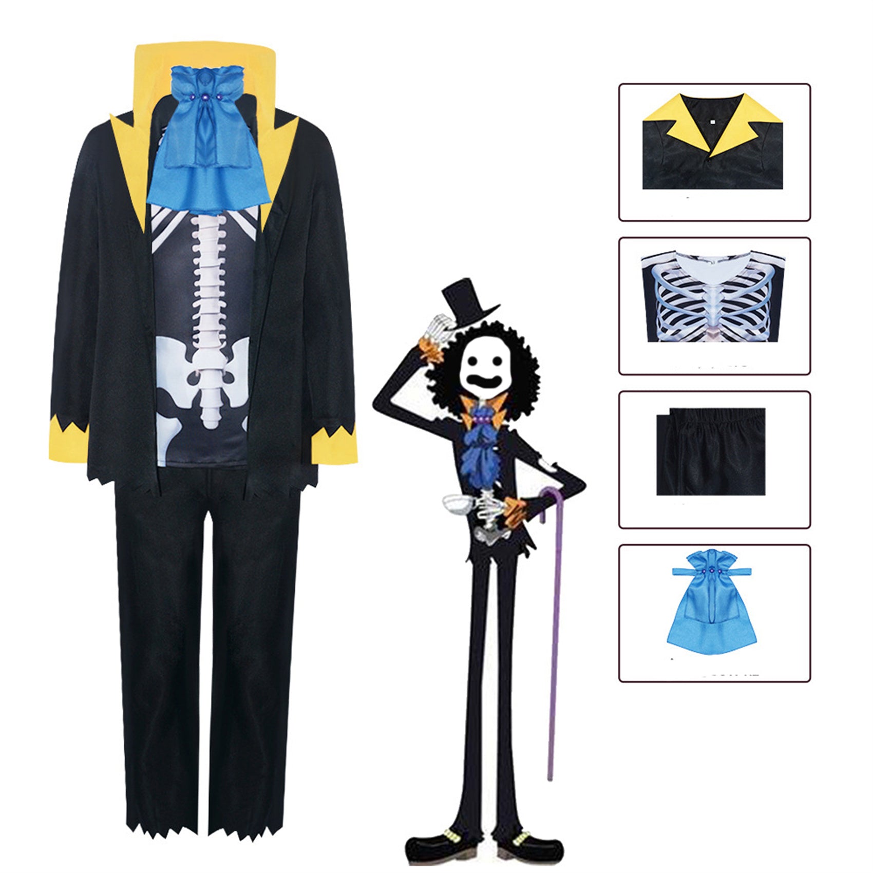 Monenjoy ONEPIECE ブルック　麦わらの一味 音楽家 ソウルキング 海賊団 紳士衣装 スーツセット　黒色　礼服　コスチューム　COS　ハロウィン　舞台衣装　学園祭　クリスマス　イベント - Monenjoy