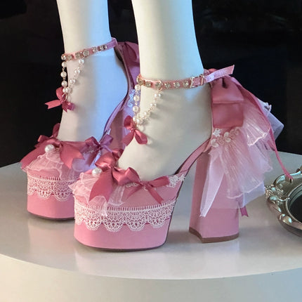Monenjoy　ピンク色　地雷系　ロリータ　シューズ　ブーツ　花嫁　底14cm　5.5cm　ヒールパンプス　かわいい　アクセサリー「転売」