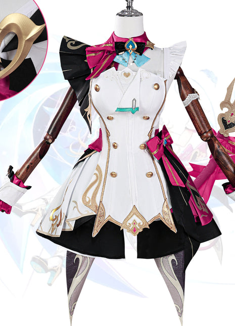 Monenjoy 原神　エスコフィエ　コスプレ衣装　 Escoffier　コスチューム　ワンピース　洋服　帽子付　3d樹脂アクセサリー　G1199 - Monenjoy