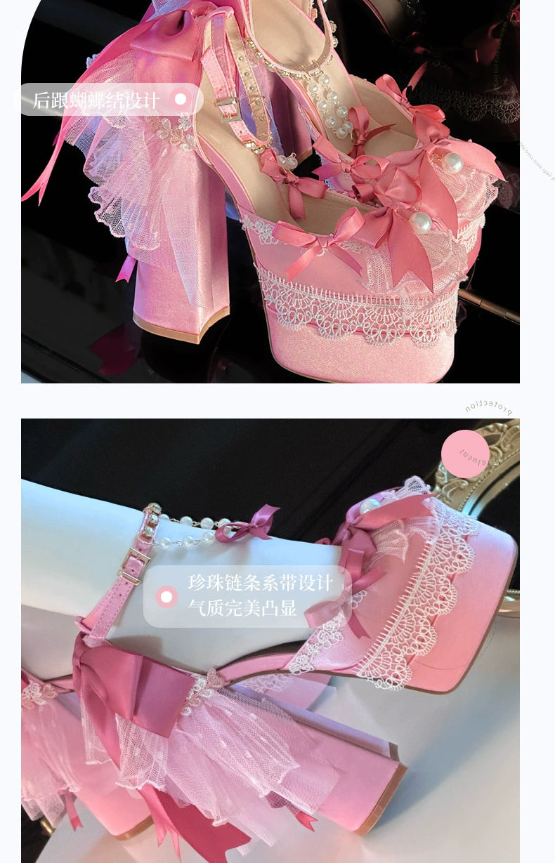 Monenjoy　ピンク色　地雷系　ロリータ　シューズ　ブーツ　花嫁　底14cm　5.5cm　ヒールパンプス　かわいい　アクセサリー「転売」