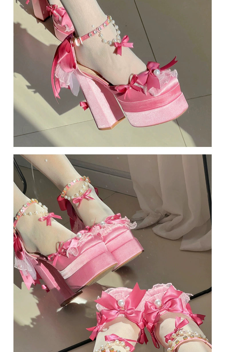 Monenjoy　ピンク色　地雷系　ロリータ　シューズ　ブーツ　花嫁　底14cm　5.5cm　ヒールパンプス　かわいい　アクセサリー「転売」