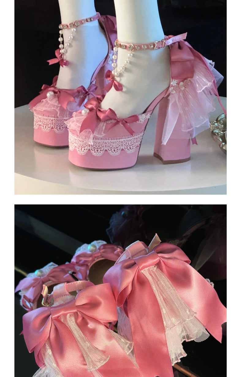 Monenjoy　ピンク色　地雷系　ロリータ　シューズ　ブーツ　花嫁　底14cm　5.5cm　ヒールパンプス　かわいい　アクセサリー「転売」