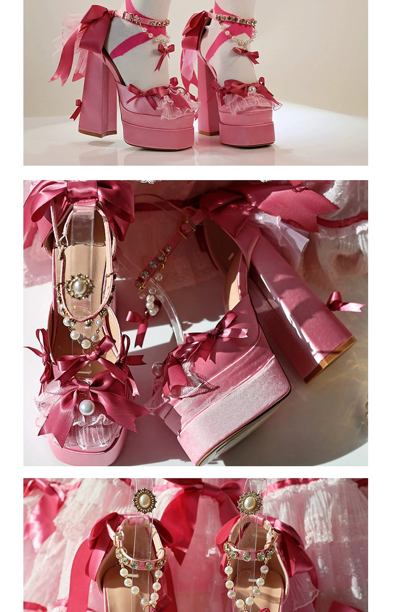 Monenjoy　ピンク色　地雷系　ロリータ　シューズ　ブーツ　花嫁　底14cm　5.5cm　ヒールパンプス　かわいい　アクセサリー「転売」