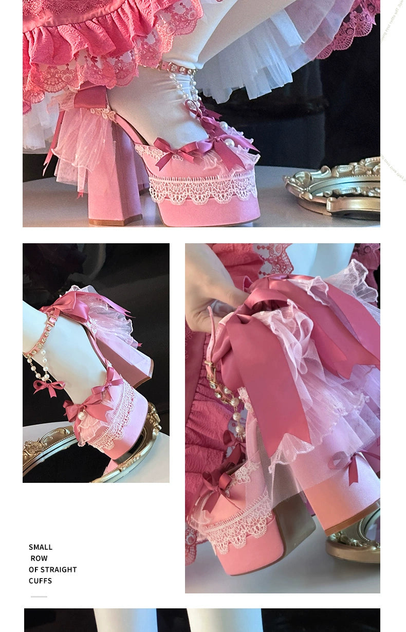 Monenjoy　ピンク色　地雷系　ロリータ　シューズ　ブーツ　花嫁　底14cm　5.5cm　ヒールパンプス　かわいい　アクセサリー「転売」