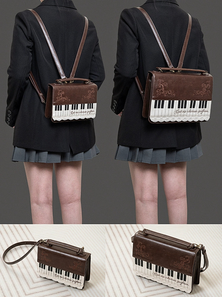 Monenjoy キレカジ風　ピアノ刺繍リュックサック  ハンドバッグ　ミニシュルダーバッグ　ミニバッグ ブロンズ色GSbag001