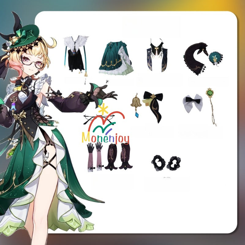 原神　エミリエ　コスプレ衣装　コスチューム　エメラルドフゼア　｜3D樹脂香水瓶・金属製神の眼付属｜MONENJOY - Monenjoy