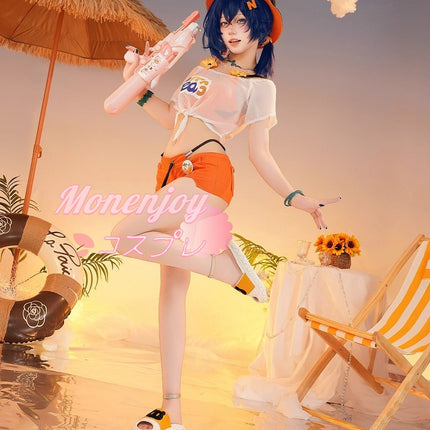 Monenjoy ZenZero Rin Summer Blue Sky ชุดคอสเพลย์พร้อมหมวกและต่างหู ชุดว่ายน้ำ และชุดแต่งกาย สินค้าอนิเมะสุดเก๋ 