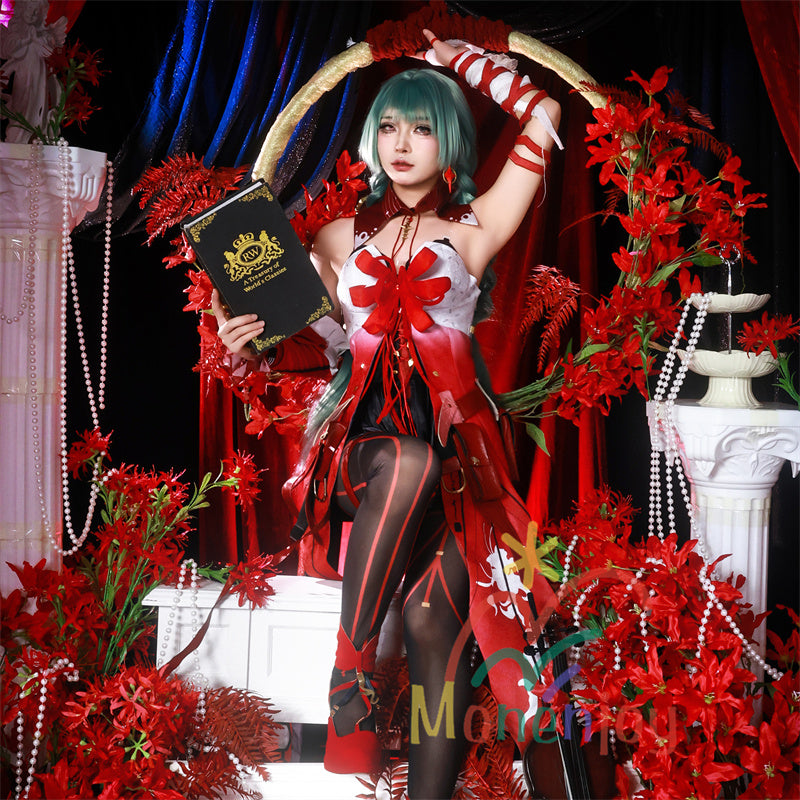 Monenjoy　鳴潮 フローヴァ コスプレ衣装　イベント　赤色　ワンピース 　3d樹脂製パーツ　ジャカード生地　ウィッグ　サンダル追加　コスチュームGS1927