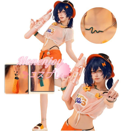Monenjoy ZenZero Rin Summer Blue Sky ชุดคอสเพลย์พร้อมหมวกและต่างหู ชุดว่ายน้ำ และชุดแต่งกาย สินค้าอนิเมะสุดเก๋ 