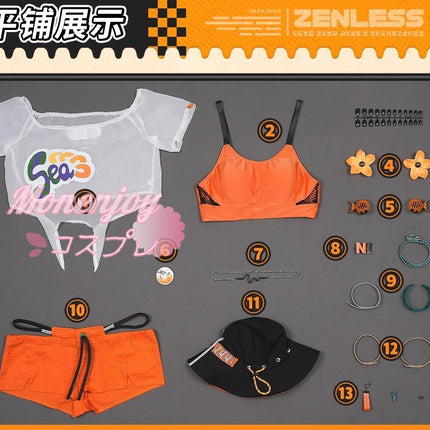 Monenjoy ZenZero Rin Summer Blue Sky ชุดคอสเพลย์พร้อมหมวกและต่างหู ชุดว่ายน้ำ และชุดแต่งกาย สินค้าอนิเมะสุดเก๋ 