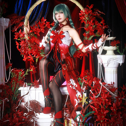 Monenjoy　鳴潮 フローヴァ コスプレ衣装　イベント　赤色　ワンピース 　3d樹脂製パーツ　ジャカード生地　ウィッグ　サンダル追加　コスチュームGS1927