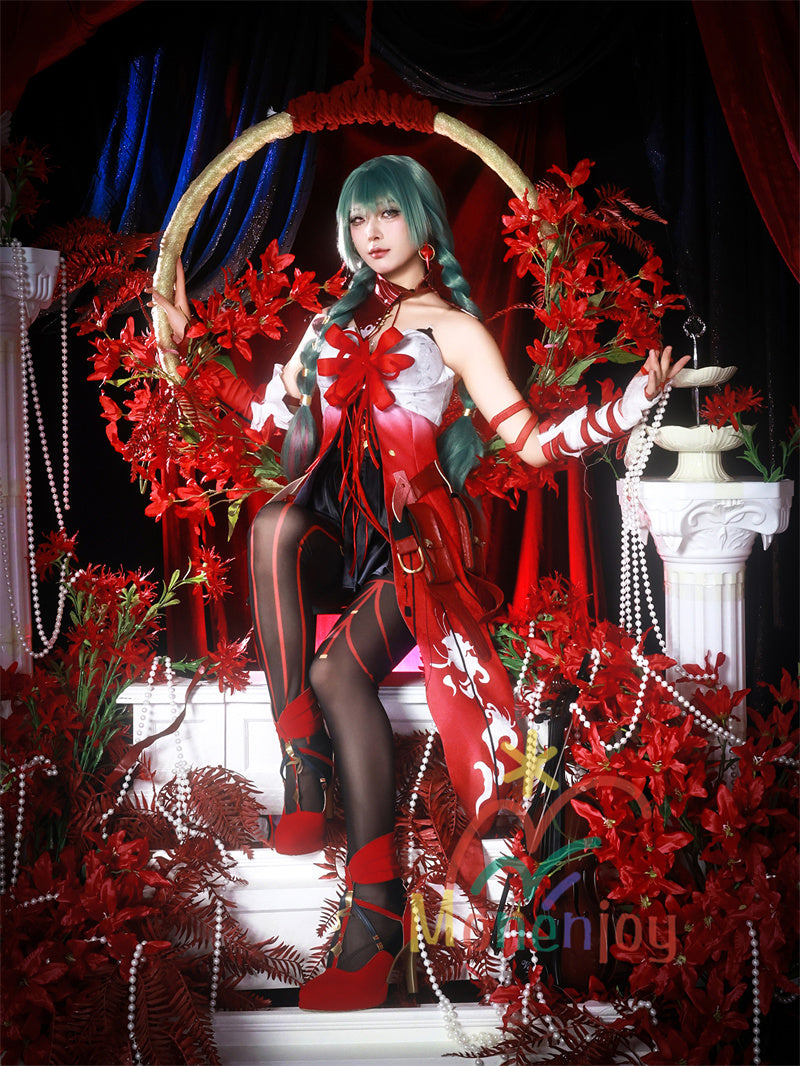 Monenjoy　鳴潮 フローヴァ コスプレ衣装　イベント　赤色　ワンピース 　3d樹脂製パーツ　ジャカード生地　ウィッグ　サンダル追加　コスチュームGS1927